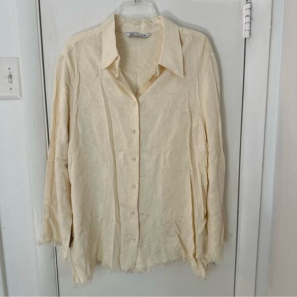 Zara Women’s Paisley Jacquard Button-Up Blouse Shirt Beige Cream Fringe Boho XL - Picture 2 of 12